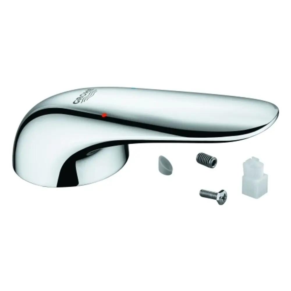 Chromfarbener Wasserhahn von Grohe mit einem ergonomischen Hebel, um Wasser zu regulieren. Im Bild sind Montagematerialien wie Schrauben und Dichtungen sichtbar.