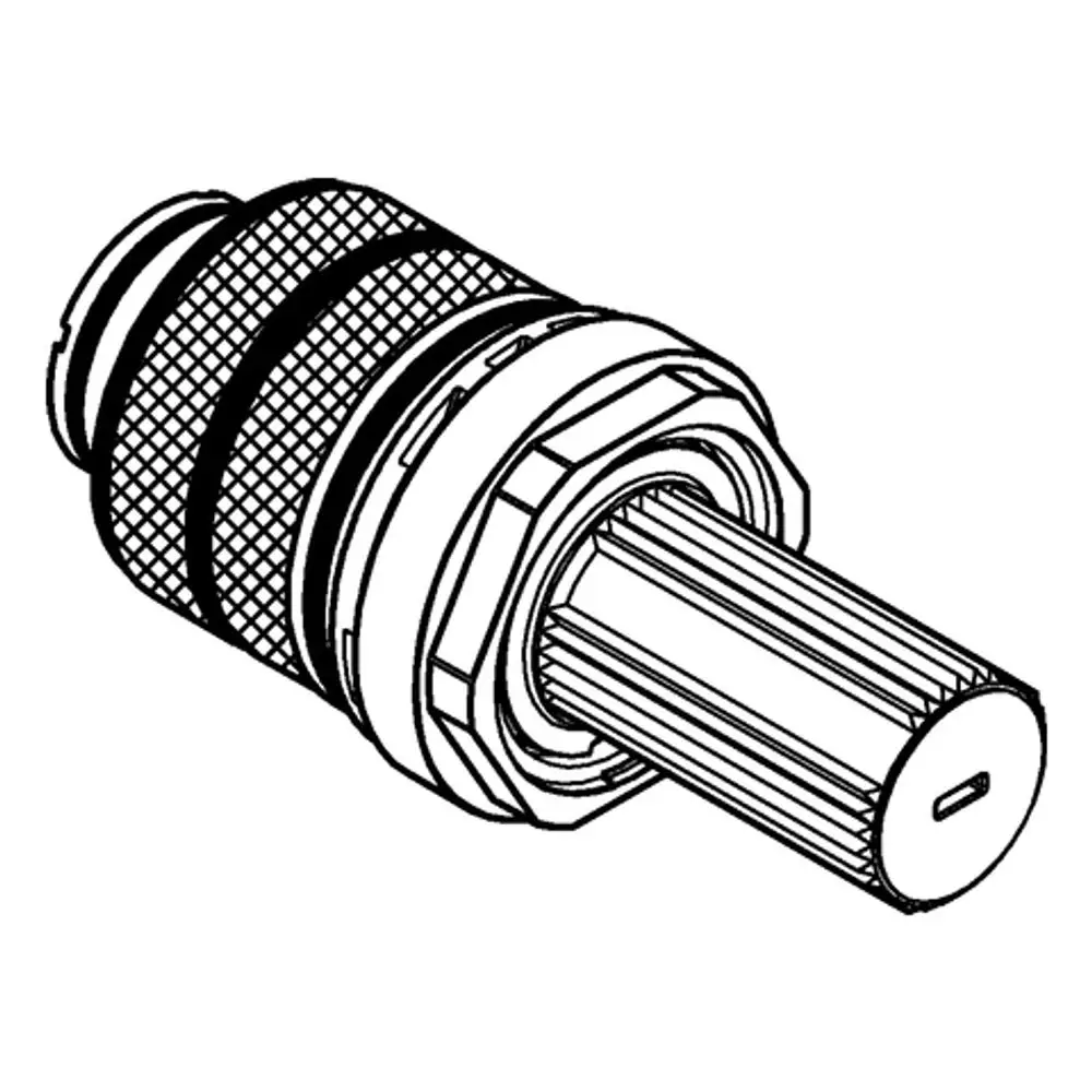Kartusche in schmaler, zylindrischer Form mit Rillen und Schläuchen, hergestellt von Grohe, geeignet für bestimmte Installationen in Badezimmern.