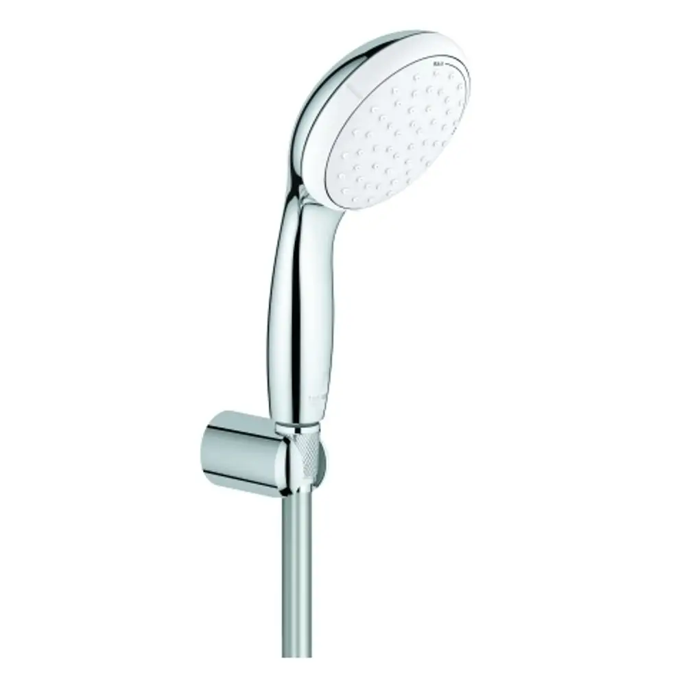 Brausekopf von Grohe mit glänzender Oberfläche, montiert an einer Halterung. Verbindungsschlauch sichtbar. Eignung für Badewannen-Duschen.