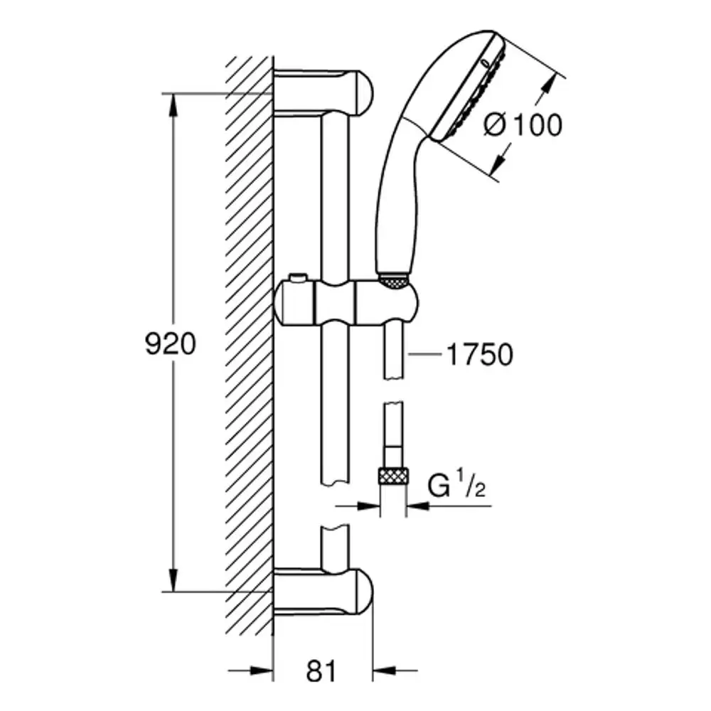 Brausegarnitur von Grohe mit Handbrause und verstellbarem Halterungs-Set. An der Wand befestigt, mit sichtbaren Anschlüssen und Maßen im Diagramm dargestellt.