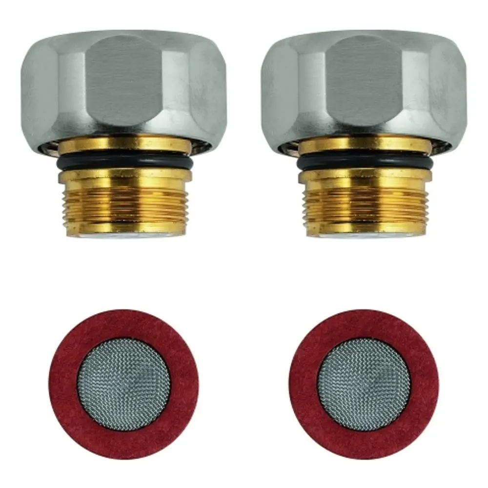 Zwei Rückflussverhinderer mit verchromtem Metallkopf und goldfarbener Gewindeunterseite, darunter zwei feine Filter mit rotem Rand, gefertigt von Grohe.