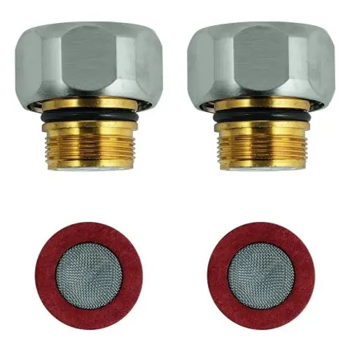 Zwei Rückflussverhinderer mit verchromtem Metallkopf und goldfarbener Gewindeunterseite, darunter zwei feine Filter mit rotem Rand, gefertigt von Grohe.