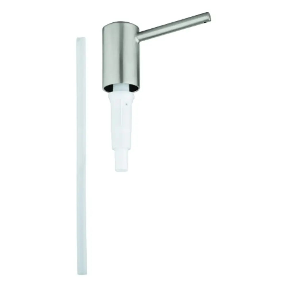 Edelstahl-Pumpvorrichtung von Grohe mit einem langen Rohr und einem weißen Schlauch für die Dosierung von Flüssigkeiten.