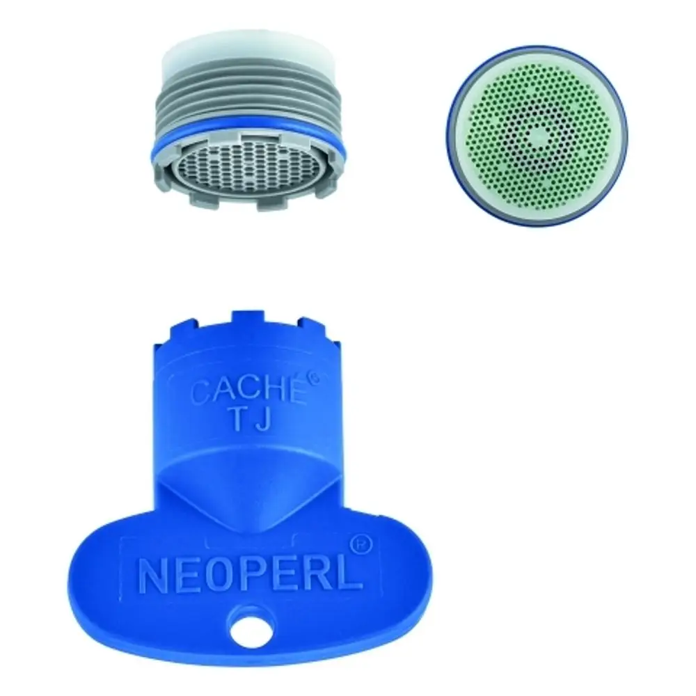GROHE Strahlregler, bestehend aus einem blauen Kunststoffteil und zwei austauschbaren Einsätzen, die zur Wasserregulierung in Armaturen verwendet werden.