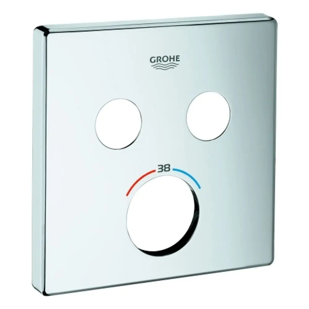 GROHE Abdeckung mit zwei runden Ausschnitten und Temperaturanzeige in Rot und Blau, aus verchromtem Material, für Wassersteuerungssysteme.