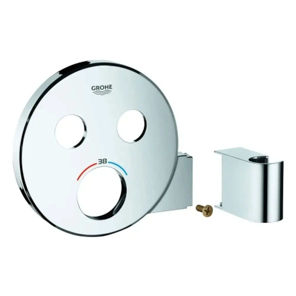 Runde Bedienblende in Chromfinish von Grohe mit drei Öffnungen zur Steuerung, inklusive Montagesatz und Schraube zur Installation.