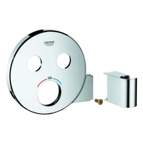 Runde Bedienblende in Chromfinish von Grohe mit drei Öffnungen zur Steuerung, inklusive Montagesatz und Schraube zur Installation.