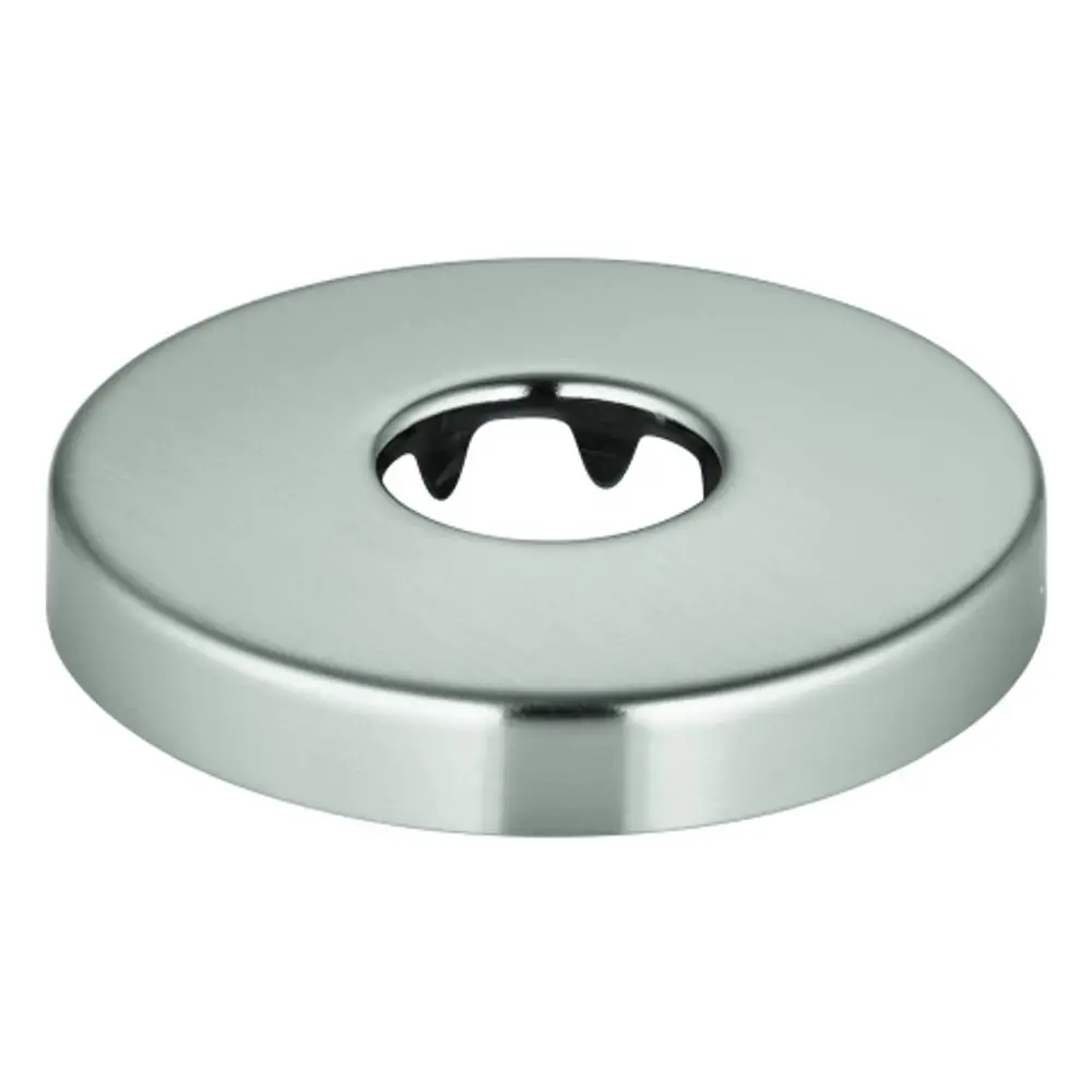 Edelstahl-Rosette mit mittigem Loch und zwei seitlichen Kerben zur Befestigung. Das Produkt stammt von der Marke Grohe und eignet sich zur Montage in Sanitäranlagen.