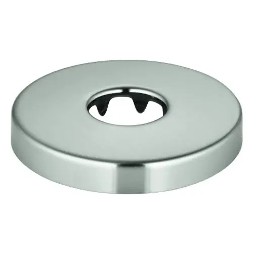 Edelstahl-Rosette mit mittigem Loch und zwei seitlichen Kerben zur Befestigung. Das Produkt stammt von der Marke Grohe und eignet sich zur Montage in Sanitäranlagen.