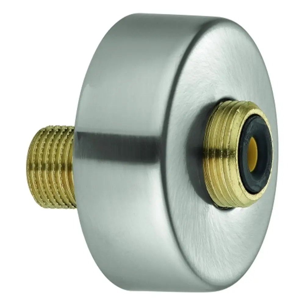 GROHE-Produkt mit runder, flacher Oberfläche und einem Anschluss mit Gewinde, versehen mit Gummidichtung. Farbe: Edelstahl und Gold.