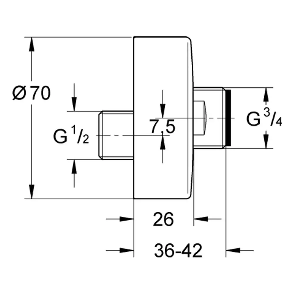 Grohe S-Anschluss mit zwei Anschlussgewinden, einem Durchmesser von 70 mm und verschiedenen Höhenanpassungen von 36 bis 42 mm, dargestellt in technischer Zeichnung.