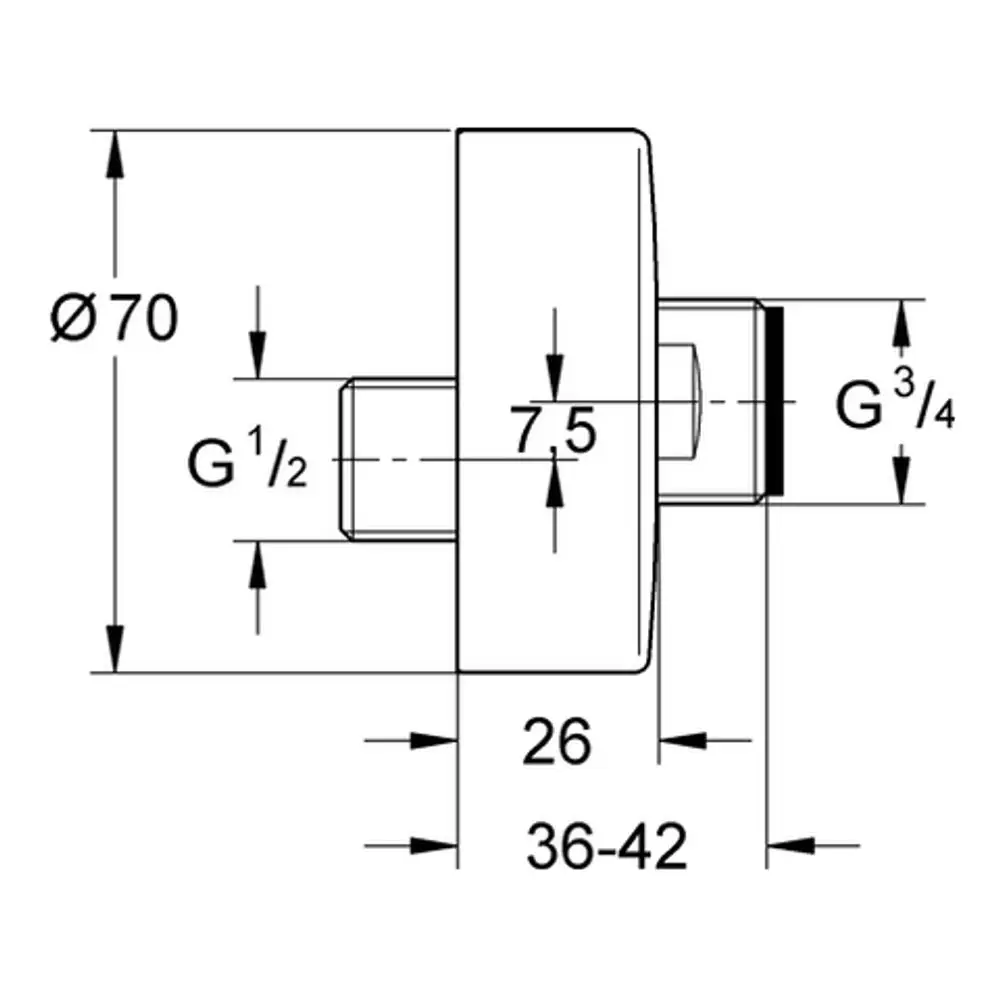 Grohe Teil mit zwei Anschluss-Gewinden, einer G½ und einer G¾, sowie einer mittleren Fläche und einem Durchmesser von 70 mm. Skizze mit Maßangaben zur Produktgestaltung.