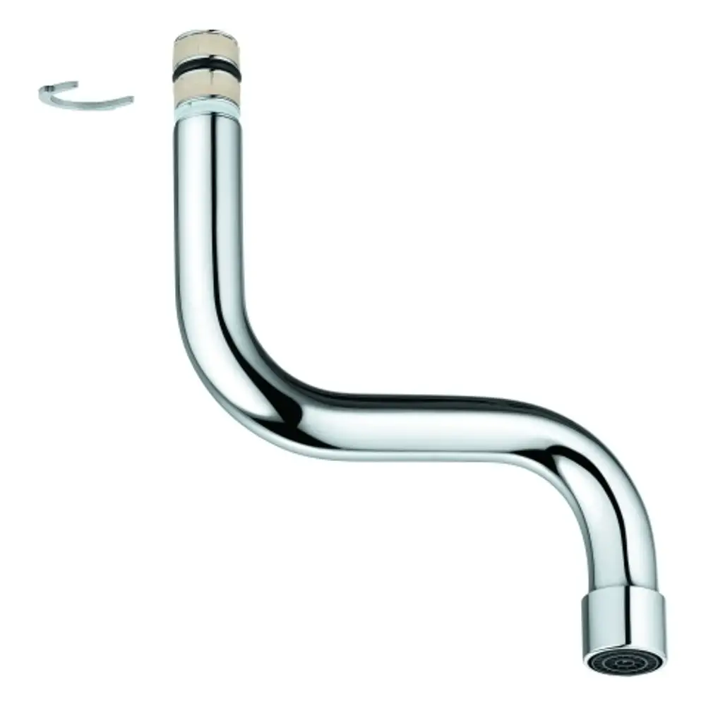 Grohe Auslauf mit gebogenen Formen und glatter, verchromter Oberfläche. Der Auslauf hat eine Kunststoffkappe oben und eine runde, geschlossene Düse am Ende.