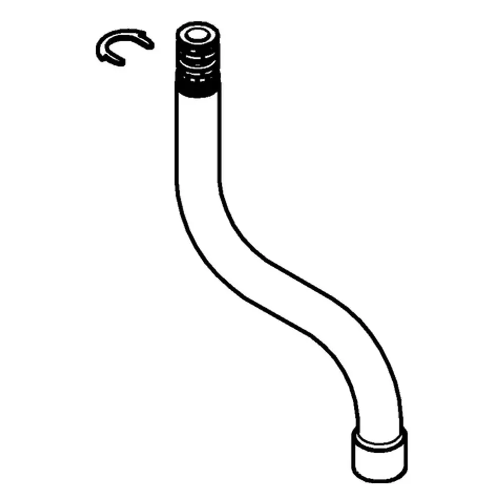 GROHE Auslaufrohr mit gebogenem Design und einem Befestigungsclip, geeignet für Sanitärinstallationen. Die Oberfläche ist in Chromoptik gehalten.