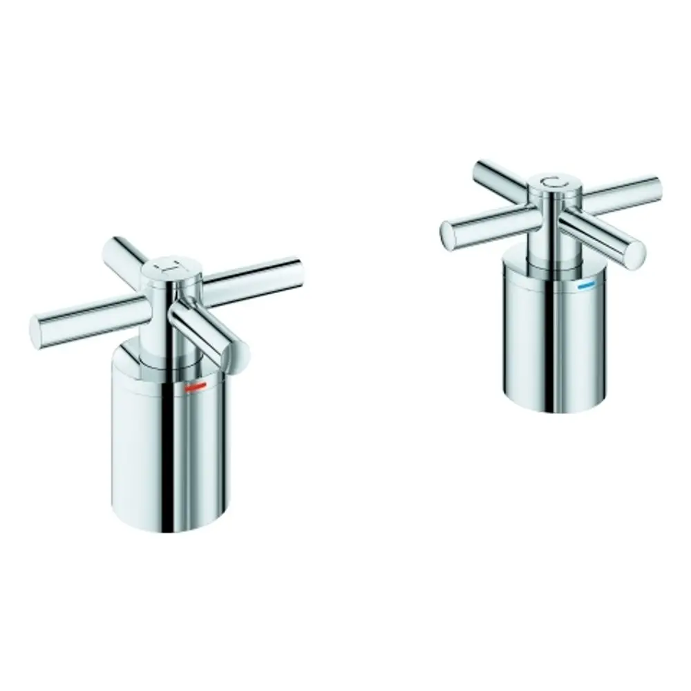 Zwei chromfarbene Grohe Kreuzgriffe mit je einem roten und blauen Indikator für heißes und kaltes Wasser. Die Griffe haben eine Kreuzform und sind für eine moderne Armatur ausgelegt.