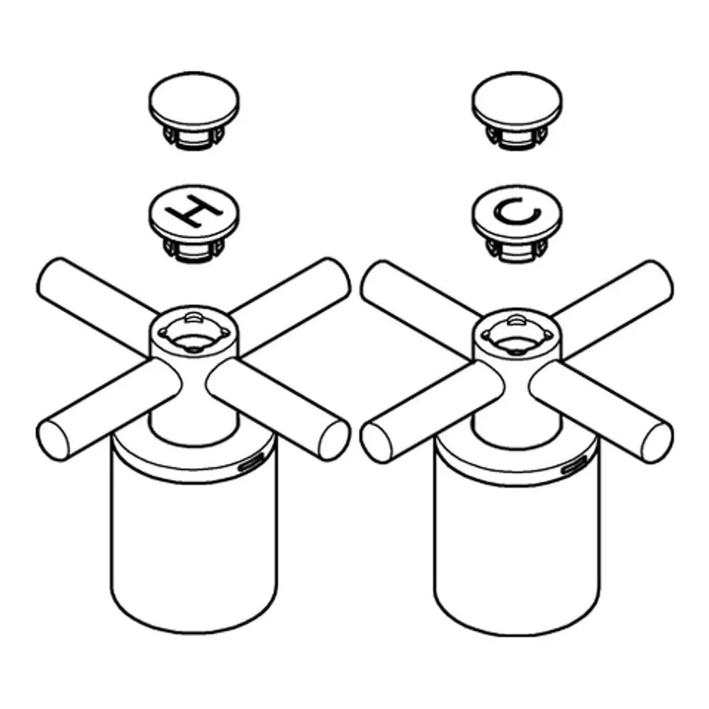 GROHE Kreuzgriff für Armaturen, bestehend aus zwei Teilen mit einer zentralen Halterung und abnehmbaren Deckeln. Geeignet für verschiedene Anwendungen in der Sanitärtechnik.