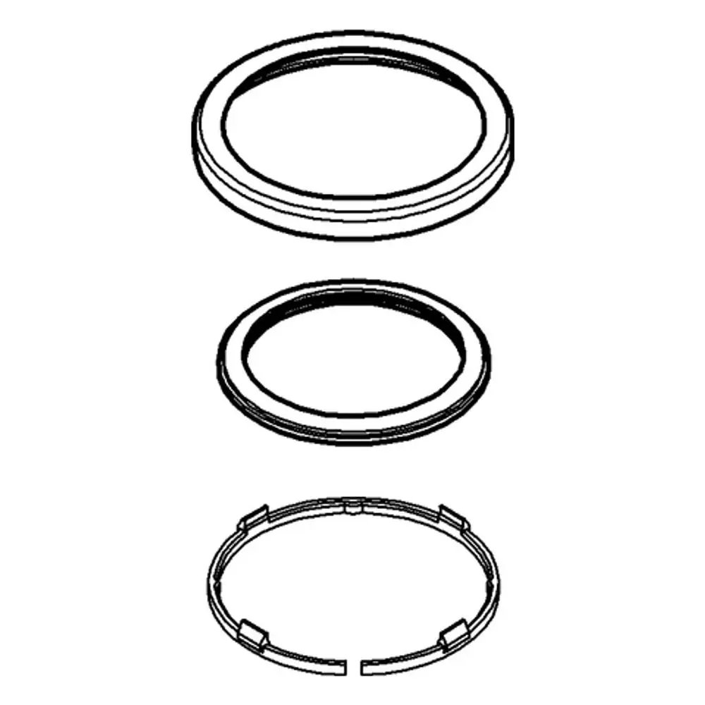 Drei Bauteile einer Grohe Rosette sind abgebildet: eine ovale Verkleidung, ein innere Dichtung und ein Haltering zur Montage.