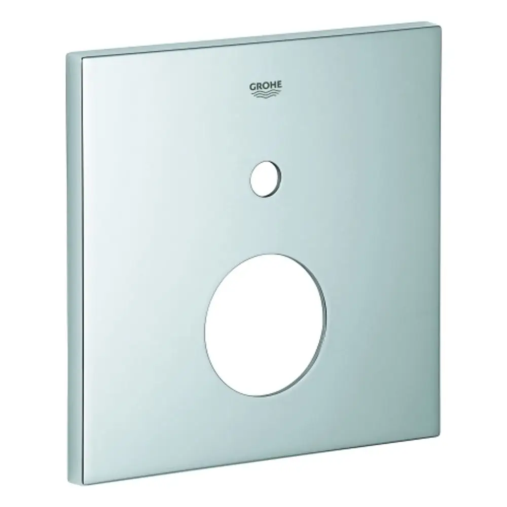 Grohe Rosette in rechteckiger Form mit einem zentralen und einem kleineren Loch, geeignet für eine 2-Wege Umstellung. Oberfläche in glänzendem Chrom.