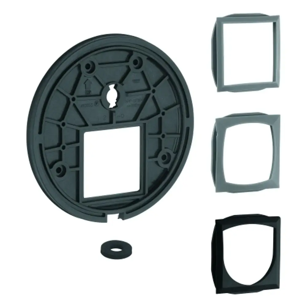 Montageplatte von Grohe, rund mit zentralem Quadrat, dazu zwei Rahmen in unterschiedlichen Formen und eine Dichtung, zur Nutzung mit EMH-FMS und 2-Wege Umstellung.