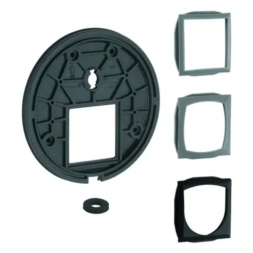 Montageplatte von Grohe, rund mit zentralem Quadrat, dazu zwei Rahmen in unterschiedlichen Formen und eine Dichtung, zur Nutzung mit EMH-FMS und 2-Wege Umstellung.