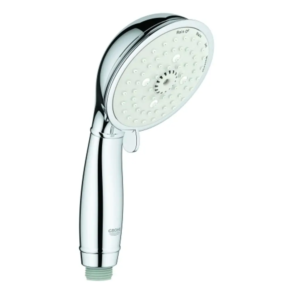 Handbrause mit ovalem Kopf in Chrom, ausgestattet mit mehreren Strahlarten, von der Marke Grohe. Erkennbar ist der abnehmbare Griff und die strukturierten Düsen.