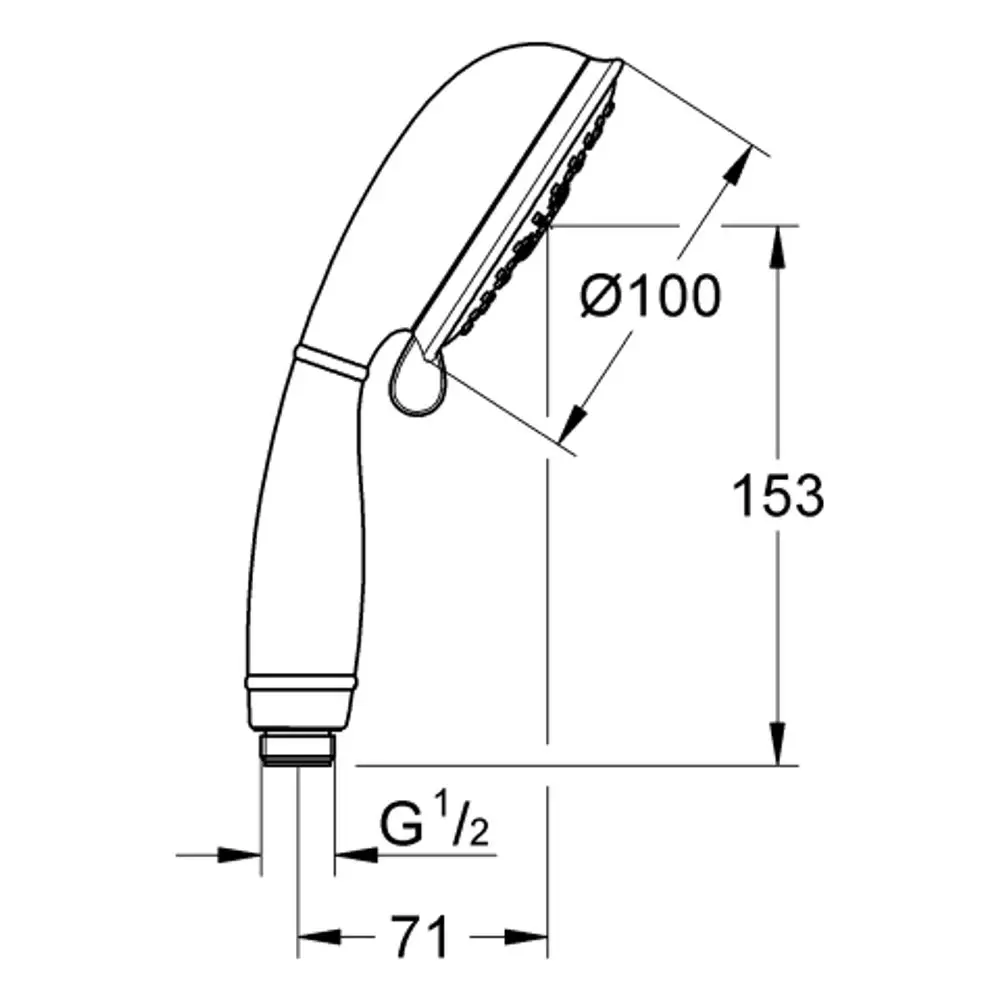 Grohe Handbrause mit ergonomischem Griff und Strahlarten, dargestellt in Seitenansicht mit Maßen und Anschlussstelle.