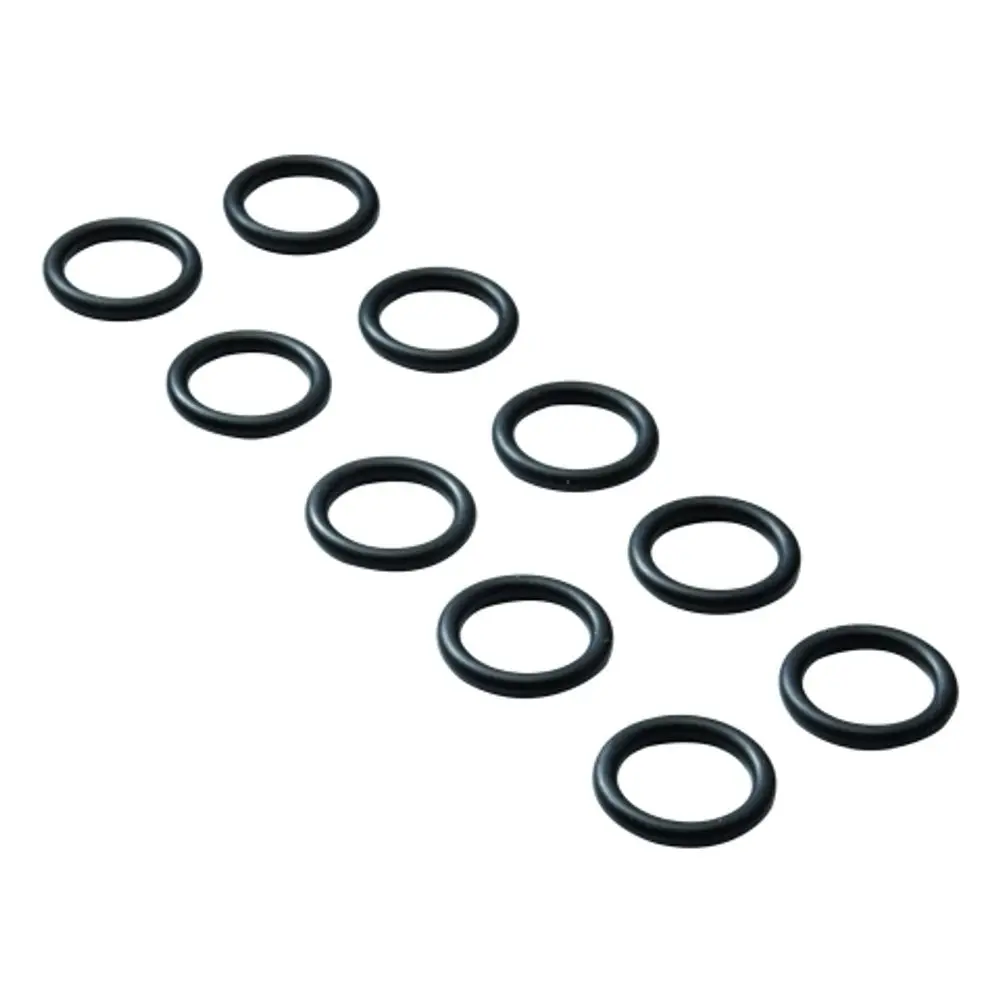 Schwarze O-Ringe von Grohe, in einer geraden Linie angeordnet. Sie dienen als Dichtungen und sind aus flexiblem Material gefertigt.
