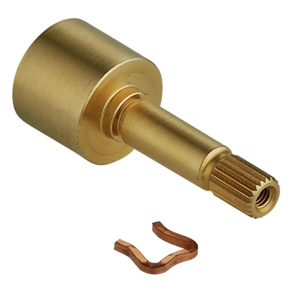 Grobe Spindelverlängerung in Goldfarbe mit einem geriffelten Ende und einer beigefügten Halterung. Einsatzmöglichkeiten in Installationen sind erkennbar.