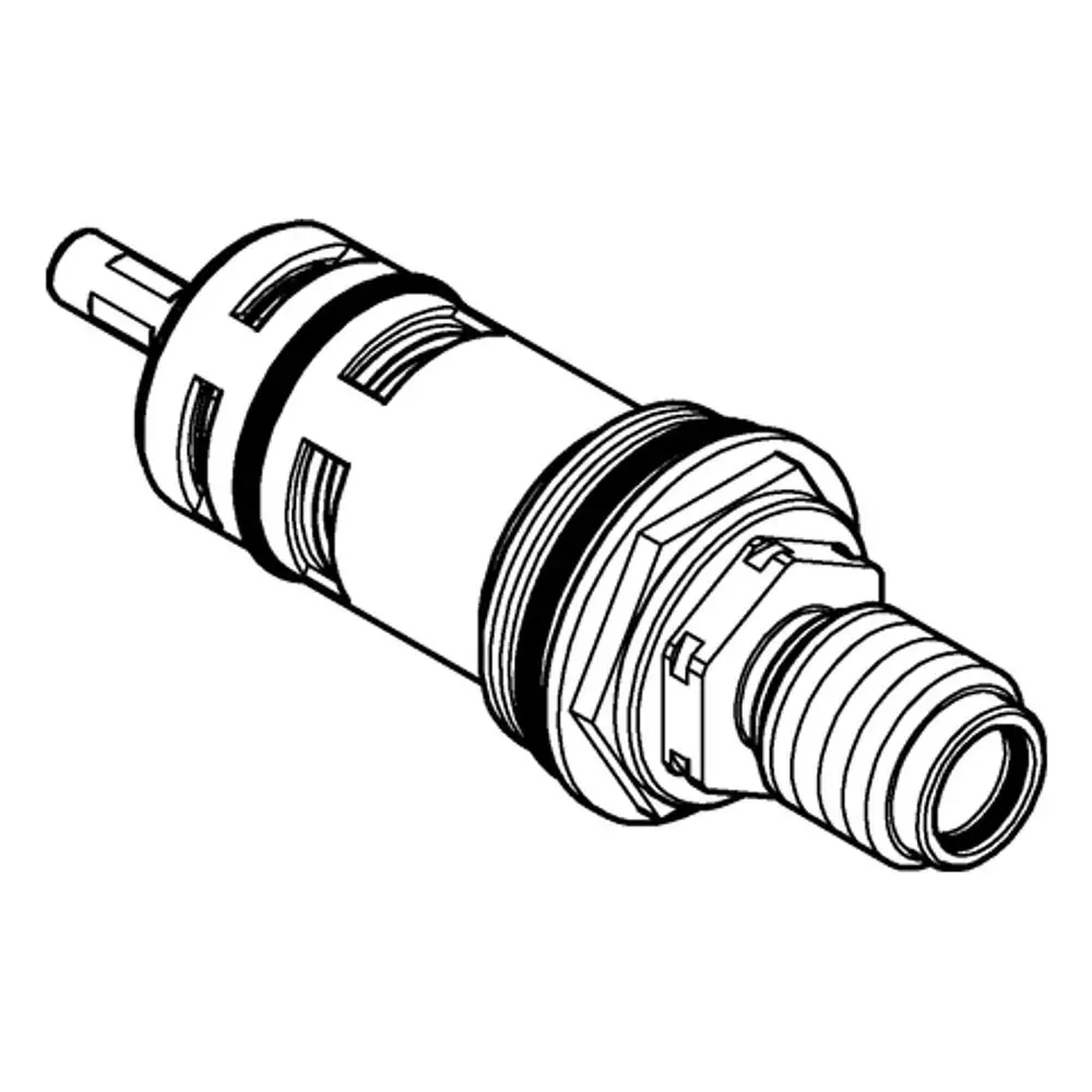 GROHE Thermoelement mit einem zylindrischen Gehäuse und einem Anschluss für Wasserleitungen. Vorne mit einem Auslass, für die Installation in einem Sanitärsystem geeignet.