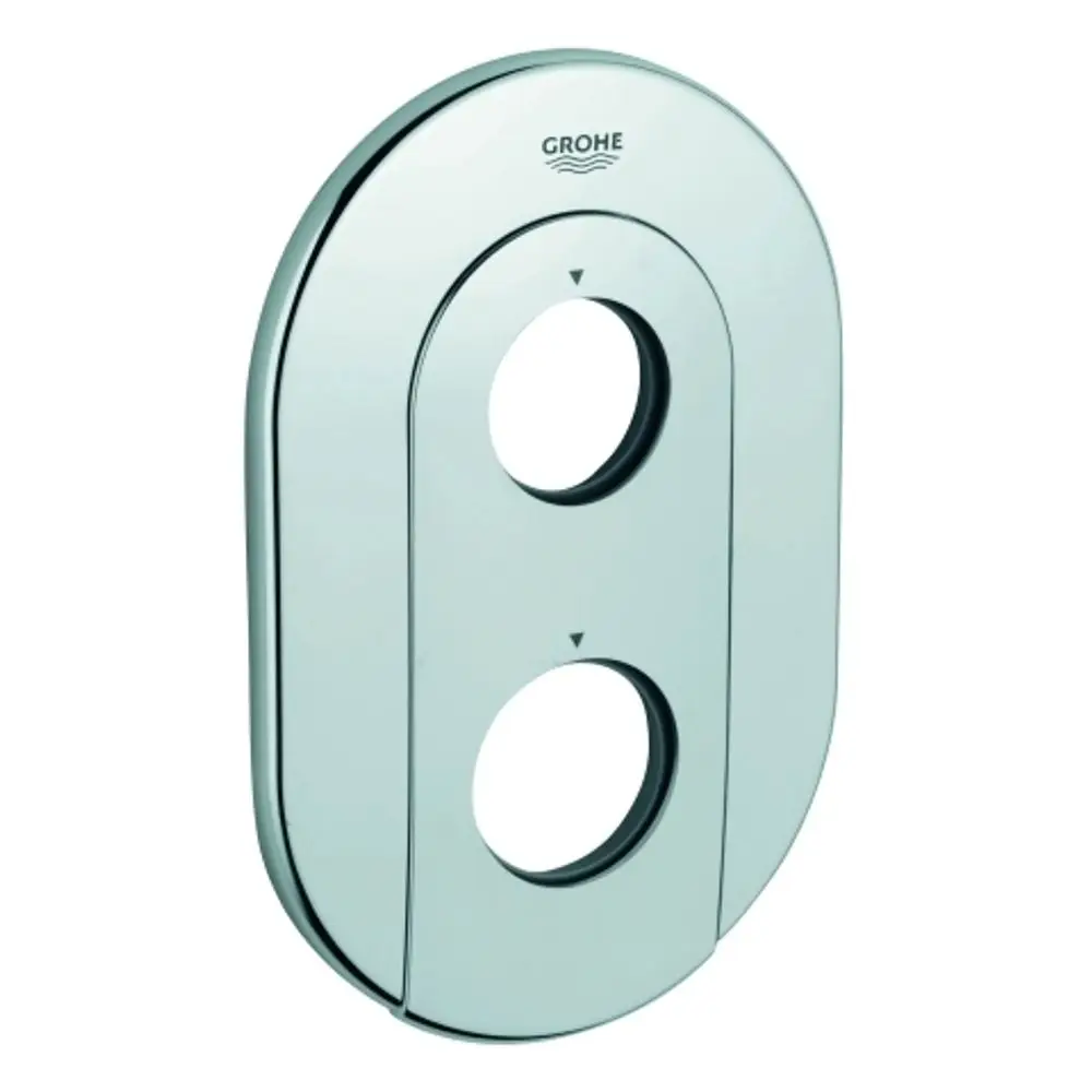 GROHE Rosette in chrom, ovales Design mit zwei runden Öffnungen und Pfeilen zur Bedienung. Ideal für moderne Badezimmerinstallationen.