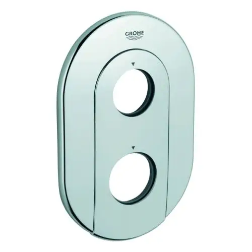 GROHE Rosette in chrom, ovales Design mit zwei runden Öffnungen und Pfeilen zur Bedienung. Ideal für moderne Badezimmerinstallationen.