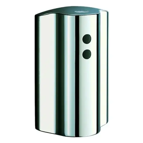 Edelstahl Gehäuse mit elektronischen Komponenten, ermöglicht kontaktfreies Betätigen, von Grohe. Die Oberfläche ist glänzend und glatt, mit zwei Sensoren an der Vorderseite.