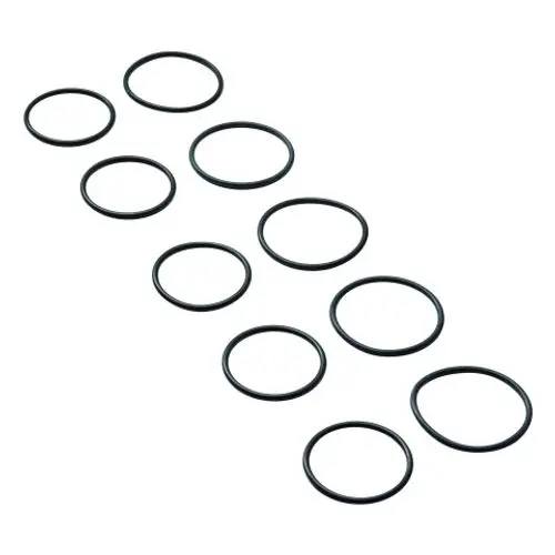Schwarze O-Ringe in verschiedenen Größen, die typischerweise für Dichtungsanwendungen wie bei Grohe Produkten verwendet werden. Zehn Stück in einer Reihe angeordnet.