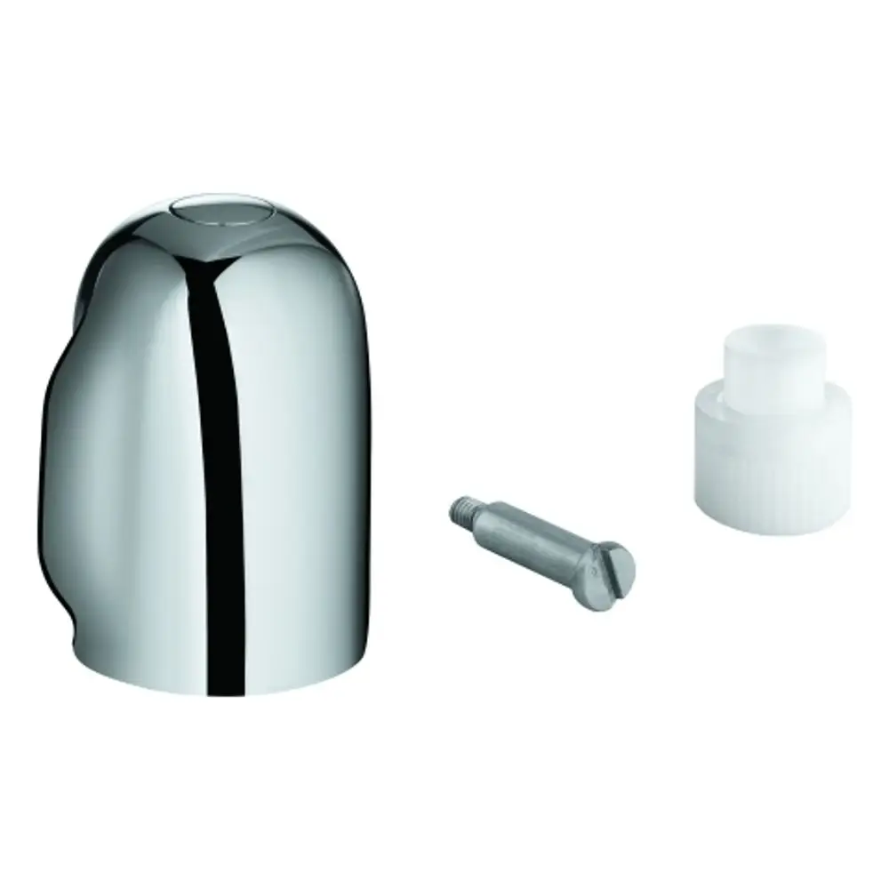 Chromfarbener Absperrgriff von Grohe mit einer Schraube und einem weißen Kunststoffelement. Der Griff hat eine glatte, glänzende Oberfläche.