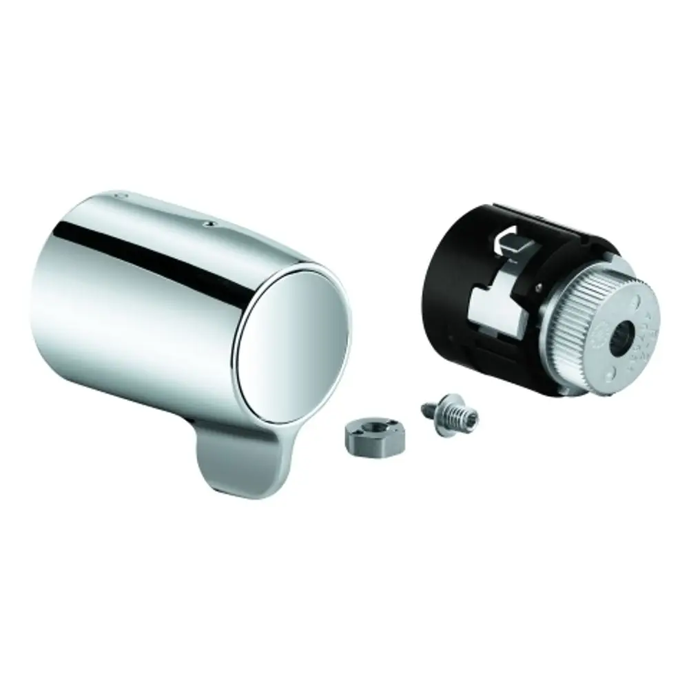 GROHE Temperaturwählgriff in Chrom für ein zentral gesteuertes Thermostat, bestehend aus einem Hauptgriff und einem inneren Mechanismus mit Befestigungselementen.