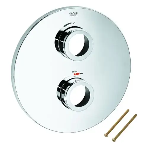 Grohe Bedienblende aus verchromtem Metall mit zwei Reglern zur Temperatureinstellung und einem Hinweis auf die maximale Temperatur, darunter zwei Montageschrauben.