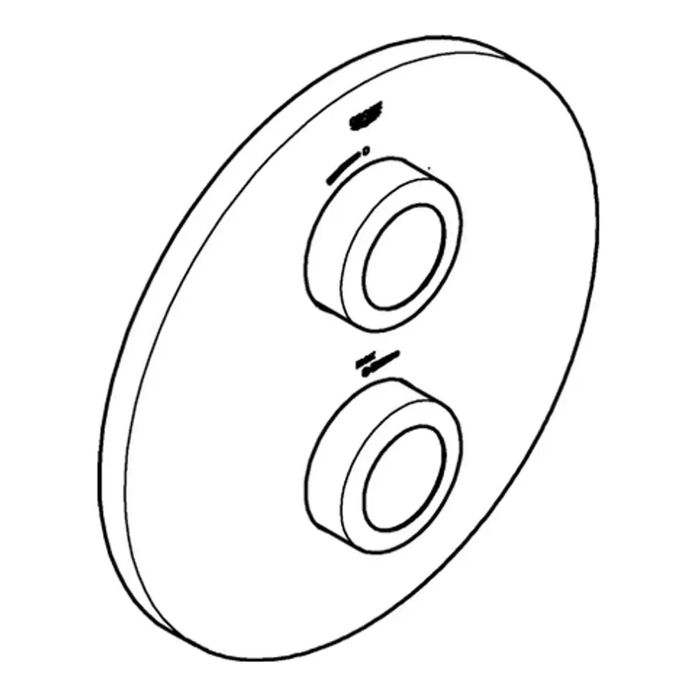 Runde, flache Rosette mit zwei kreisförmigen Öffnungen. Das Produkt ist von Grohe und könnte Teil einer Armatur oder eines Duschsystems sein.
