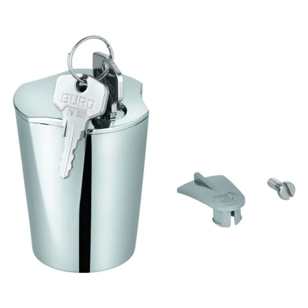 Schließmechanismus von Grohe, bestehend aus einem glänzenden Gehäuse mit zwei Schlüsseln und einem Zusatzteil. Der Schlüssel ist im Schloss des Gehäuses gesteckt.