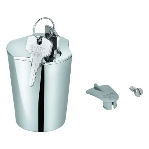 Schließmechanismus von Grohe, bestehend aus einem glänzenden Gehäuse mit zwei Schlüsseln und einem Zusatzteil. Der Schlüssel ist im Schloss des Gehäuses gesteckt.