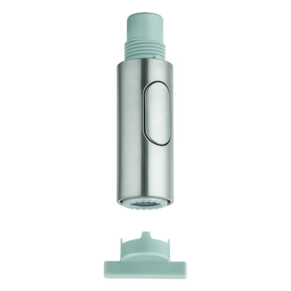 Klares, zylindrisches Produkt aus Edelstahl mit einer Taste und einem abnehmbaren Kopf, der verschiedene Strahlarten bietet, erkennbar als Grohe Spülbrause.