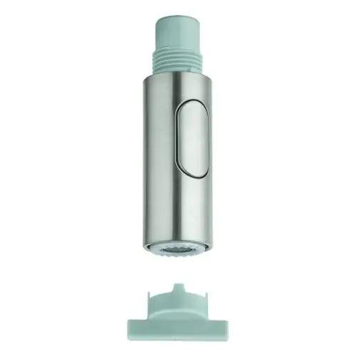 Klares, zylindrisches Produkt aus Edelstahl mit einer Taste und einem abnehmbaren Kopf, der verschiedene Strahlarten bietet, erkennbar als Grohe Spülbrause.