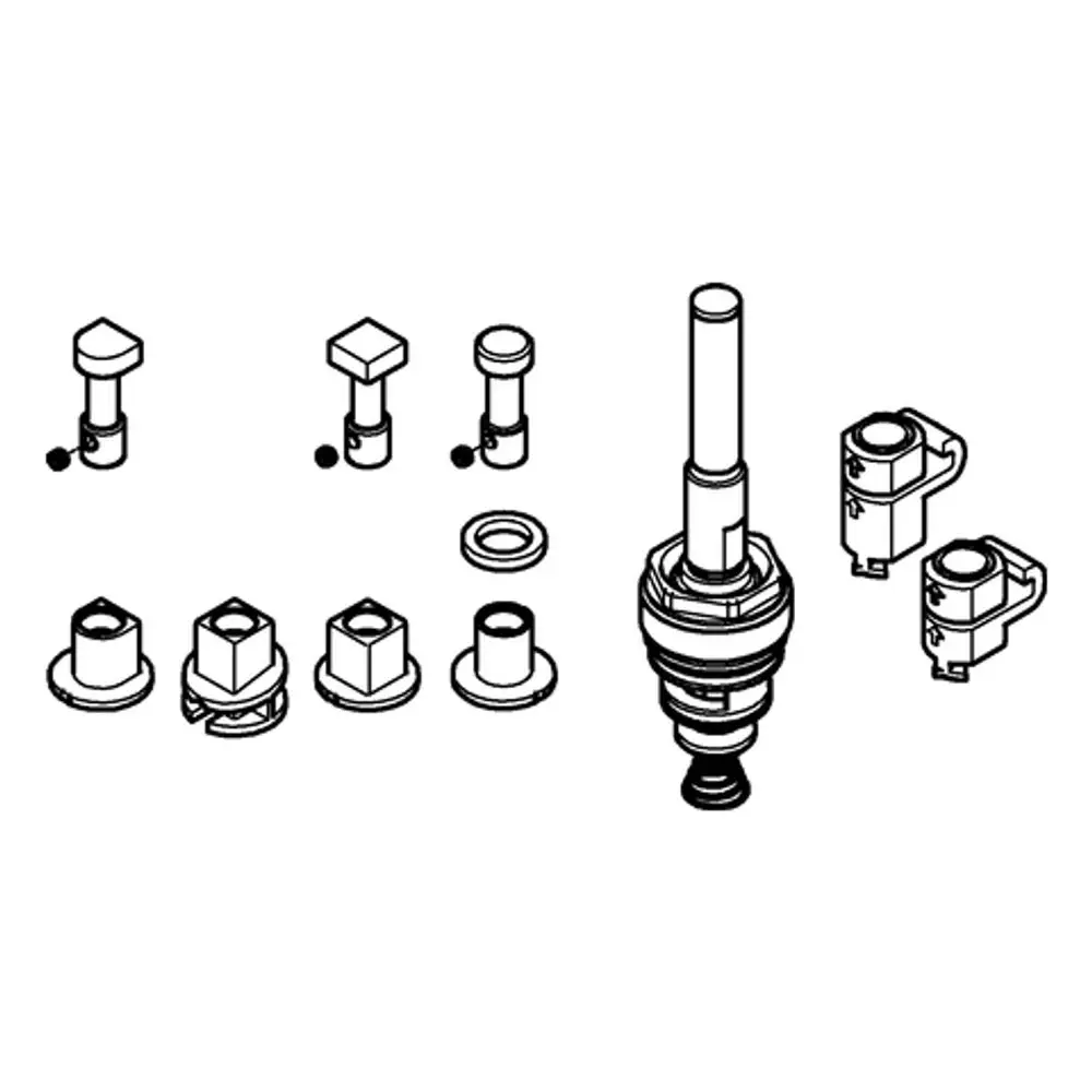 Grohe Umstellknopf und Zubehörteile für einen Einhandmischer, einschließlich verschiedener Adapter und Dichtungen, dargestellt in technischer Zeichnung.