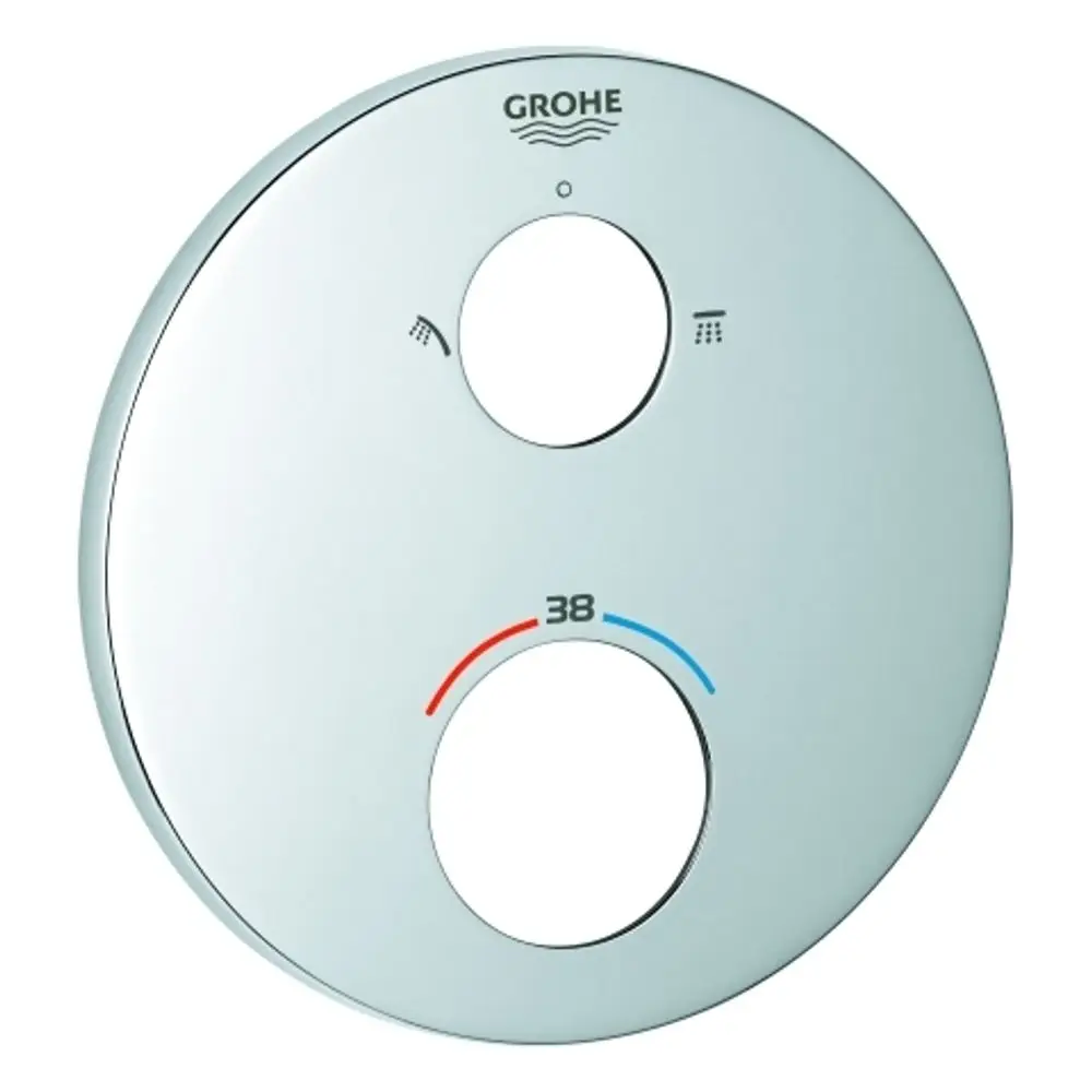 Runde Chromplatte von Grohe mit zwei Öffnungen, einer Skala in Rot und Blau zur Temperaturanzeige sowie Symbolen für die Dusch- und Badewanneneinstellungen.