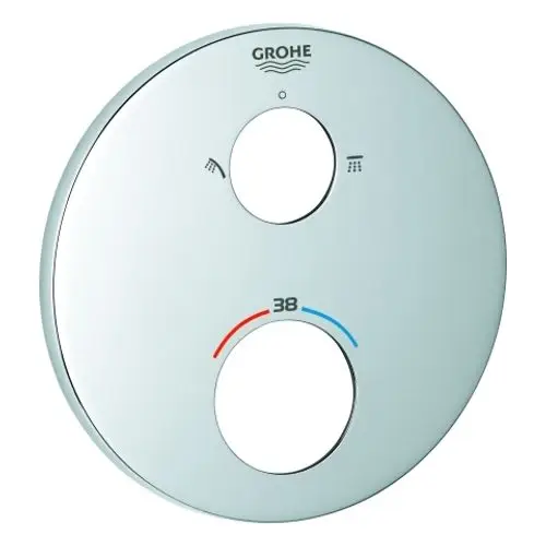 Runde Chromplatte von Grohe mit zwei Öffnungen, einer Skala in Rot und Blau zur Temperaturanzeige sowie Symbolen für die Dusch- und Badewanneneinstellungen.