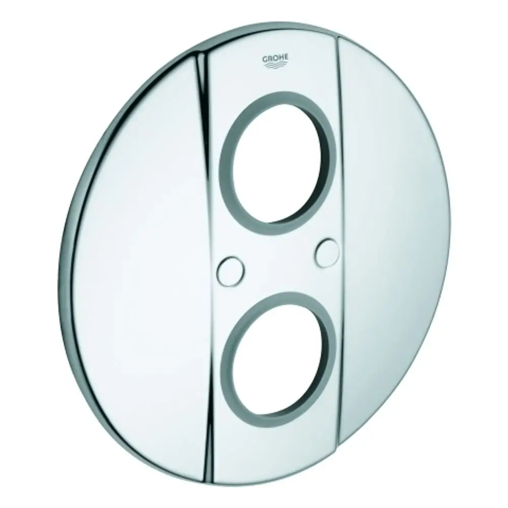 Runde Chromblende mit zwei Öffnungen und zwei Knöpfen in der Mitte. Designed von Grohe, zur Montage in Sanitäranlagen geeignet.