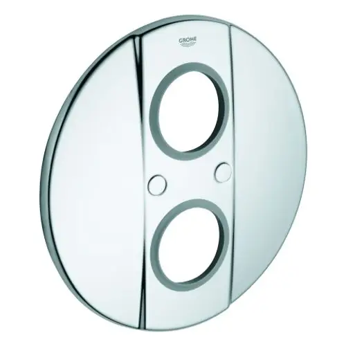 Runde Chromblende mit zwei Öffnungen und zwei Knöpfen in der Mitte. Designed von Grohe, zur Montage in Sanitäranlagen geeignet.