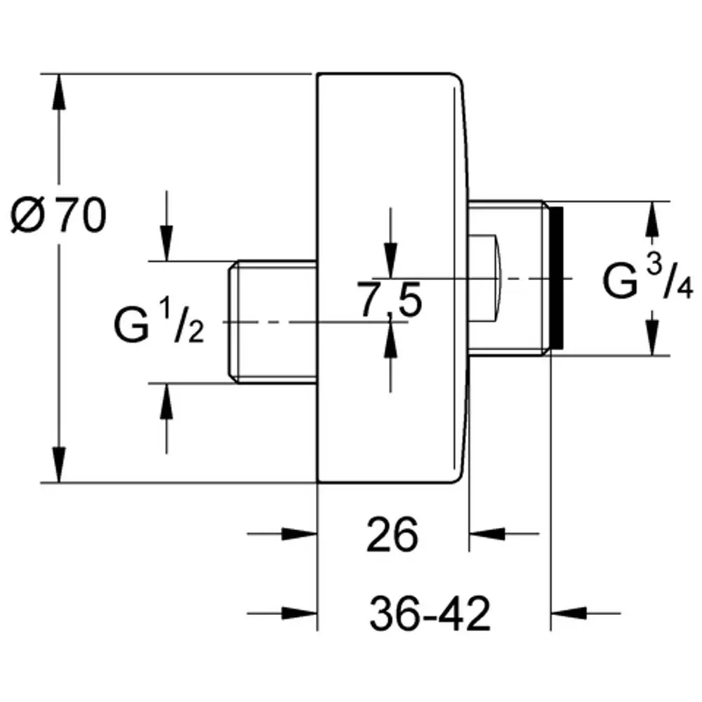 Wasserversorgungsteil von Grohe, zylindrische Form mit G1/2 und G3/4 Anschlüssen sowie Durchmesser Ø70. Technische Zeichnung mit Maßen.