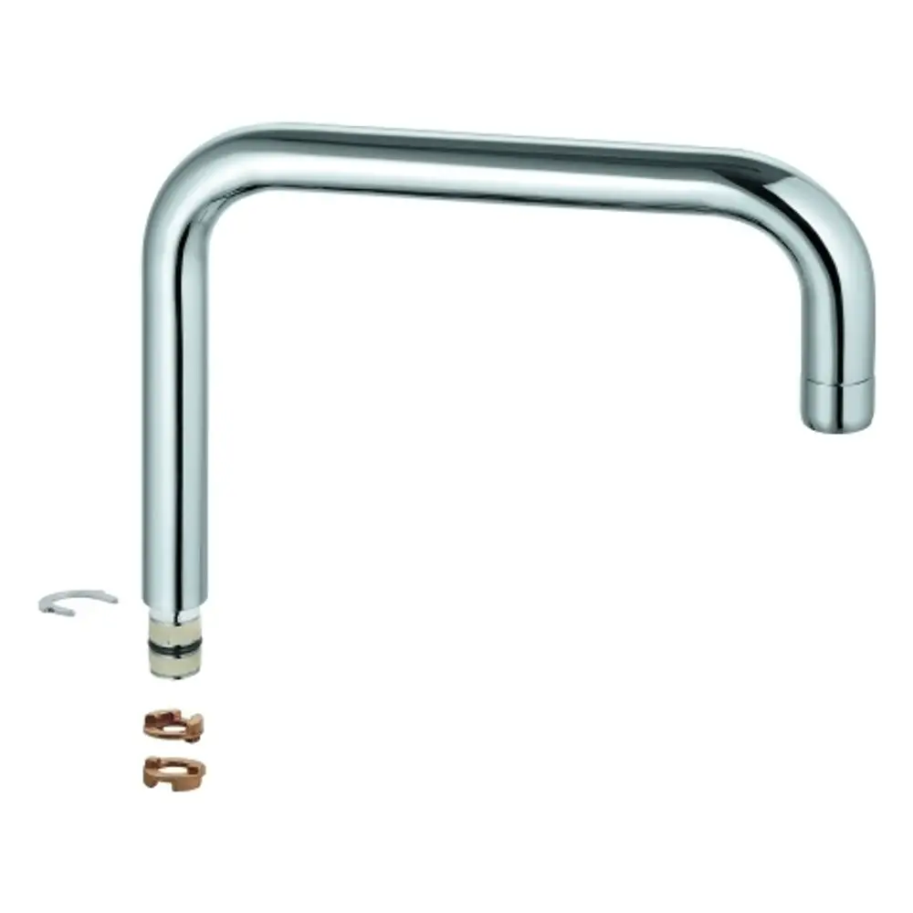 Chromfarbener Auslauf mit gebogenem Design von Grohe, geeignet für die Montage an einer Spültischbatterie, inklusive Befestigungsteilen.