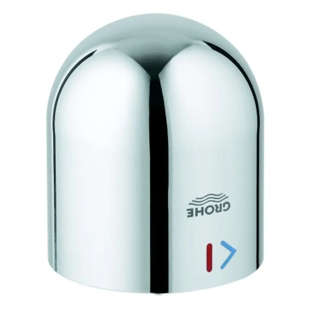 Grohe Kappe in glänzendem Chrom mit einer abgerundeten Form, ausgestattet mit farbigen Indikatoren für Warm- und Kaltwasser.