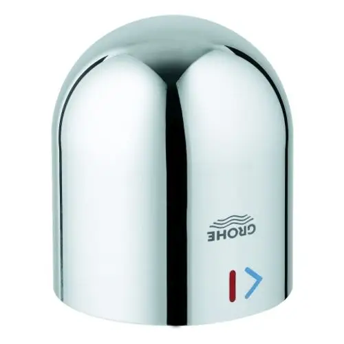 Grohe Kappe in glänzendem Chrom mit einer abgerundeten Form, ausgestattet mit farbigen Indikatoren für Warm- und Kaltwasser.